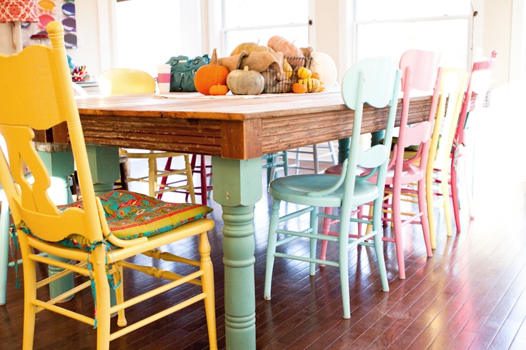 Functional Kitchen Table Designs, Dining Room Table With Multi Colored Chairs