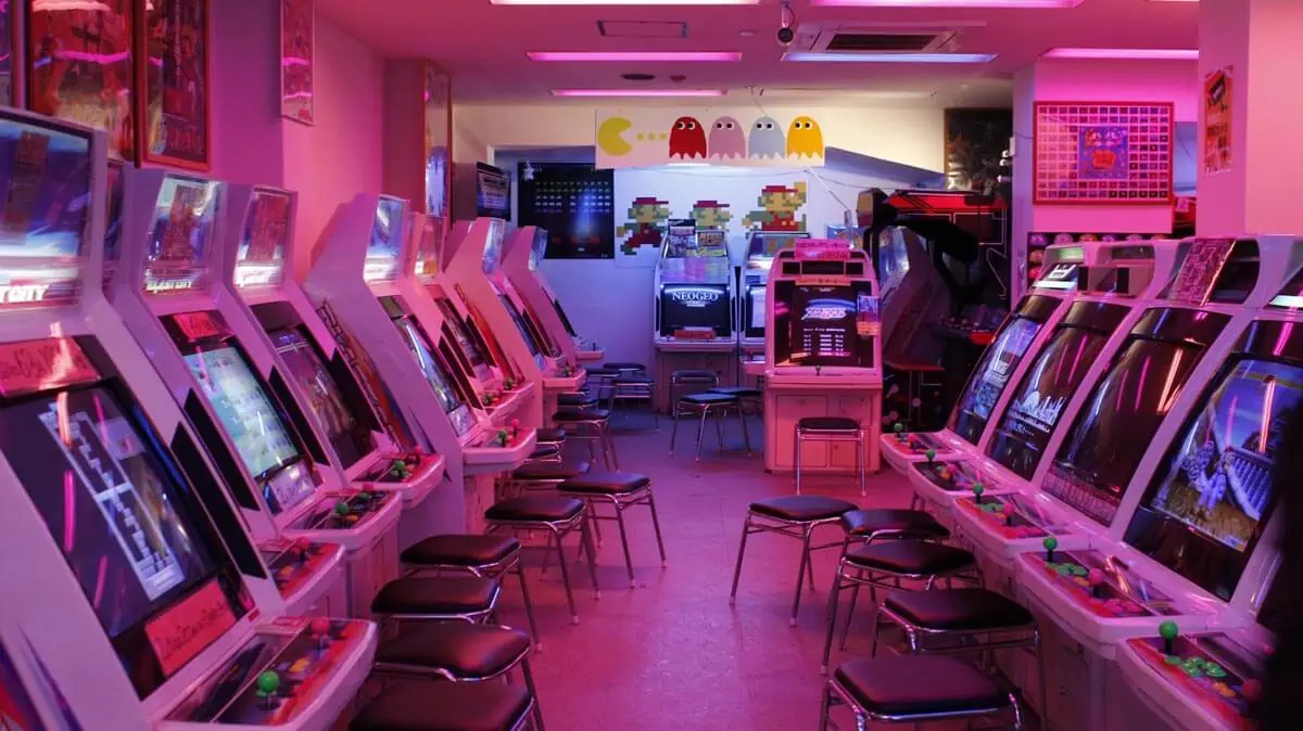 turned on arcade machines with stools