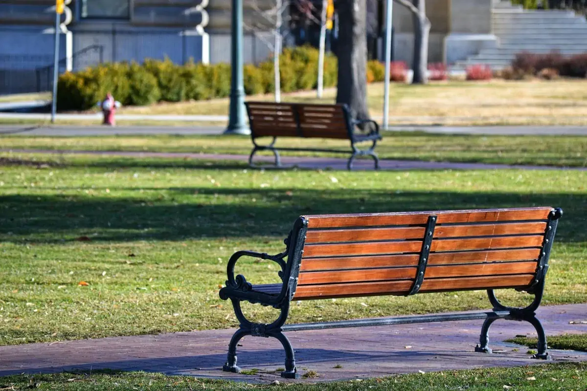 black metal framed brown wooden bench on park
